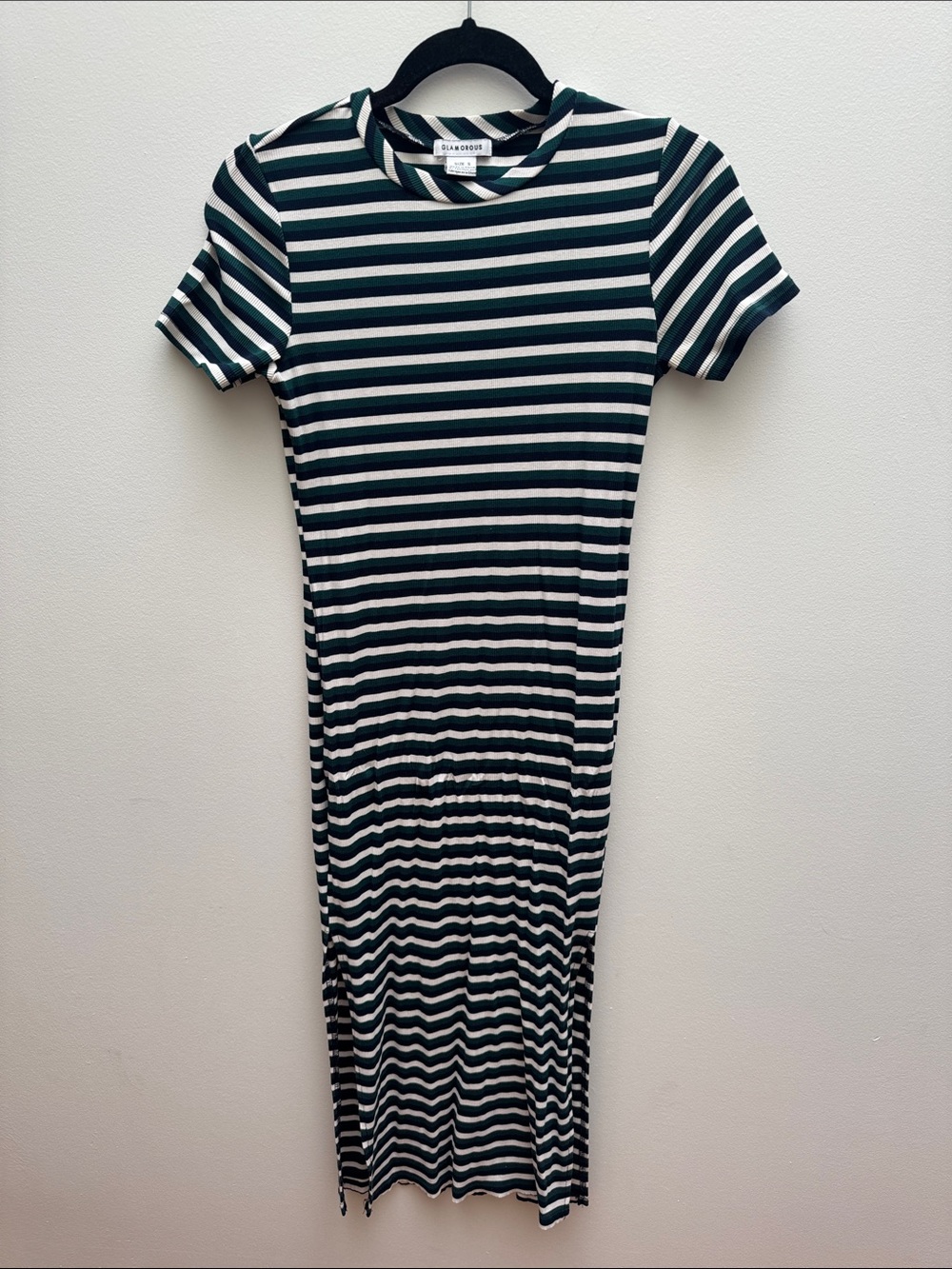 Green and White Striped Short-Sleeve Midi Dress